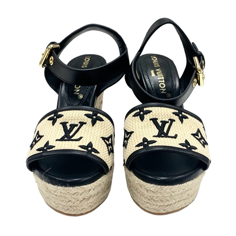 ルイヴィトン LOUIS VUITTON スターボードライン モノグラム サンダル 靴 シューズ レザー ファブリック ブラック ベージュ 未使用 エスパドリーユ ウェッジソール 刺繍