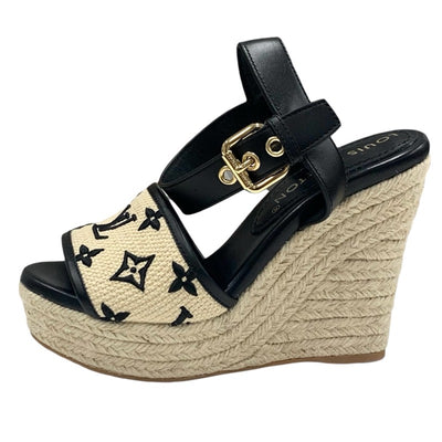 ルイヴィトン LOUIS VUITTON スターボードライン モノグラム サンダル 靴 シューズ レザー ファブリック ブラック ベージュ 未使用 エスパドリーユ ウェッジソール 刺繍