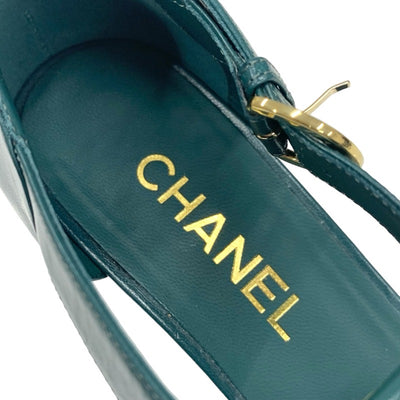 シャネル CHANEL パンプス 靴 シューズ レザー グリーン ブラック ココマーク ストラップ