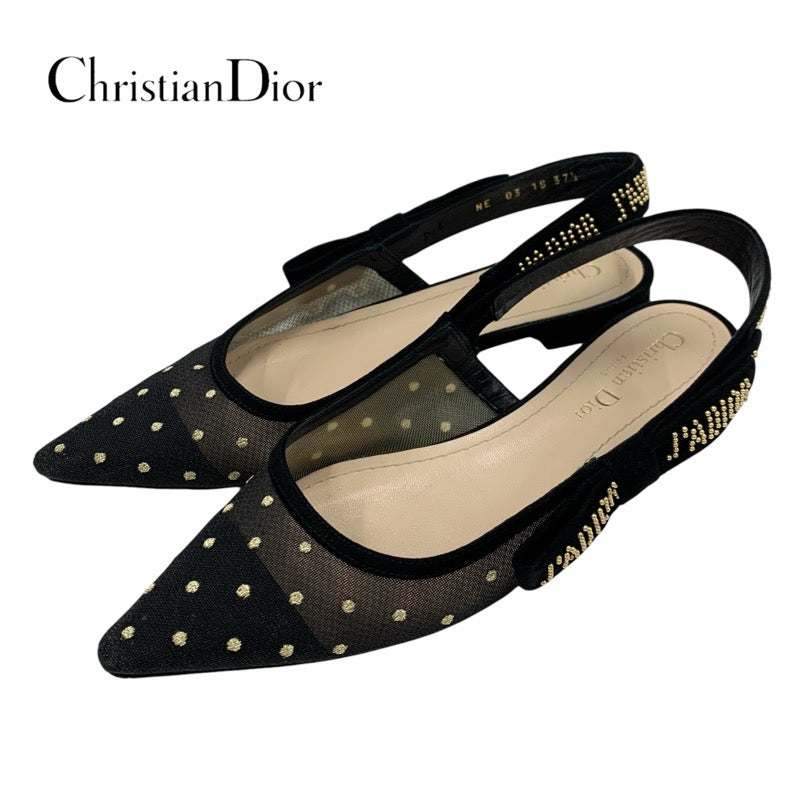 CHRISTIAN DIOR JADIOR Pumps Shoes, Mesh Suede, Black, Black, Gold, Flat Pumps, Sandals, Dots, Studs, Slingback