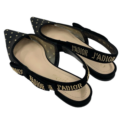 CHRISTIAN DIOR JADIOR Pumps Shoes, Mesh Suede, Black, Black, Gold, Flat Pumps, Sandals, Dots, Studs, Slingback