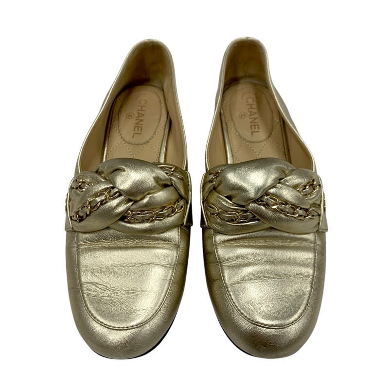 シャネル CHANEL ローファー 革靴 靴 シューズ レザー ゴールド フラットシューズ ココマーク チェーン
