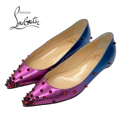 クリスチャンルブタン Christian Louboutin パンプス 靴 シューズ レザー パープル ブルー フラットシューズ スパイク スタッズ メタリック