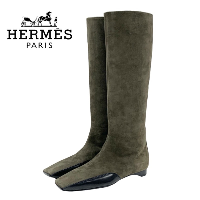 Hermes HERMES Final Boots Long Boots Shoes Suede Leather Khaki Black