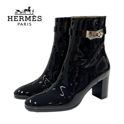 Hermes HERMES Saint-Germain Boots Short Boots Shoes Patent Black Silver Kelly Metal Fittings