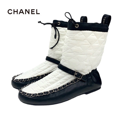 Chanel CHANEL boots, short boots, shoes, nylon leather, white, black, matelasse chain, belt