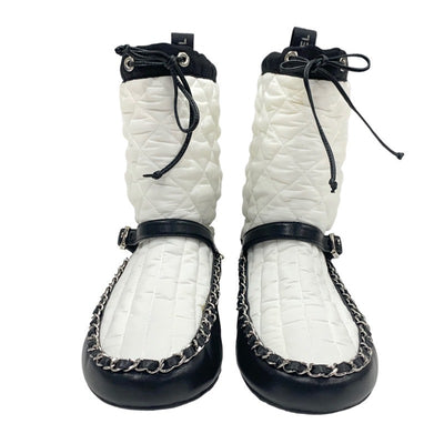 Chanel CHANEL boots, short boots, shoes, nylon leather, white, black, matelasse chain, belt