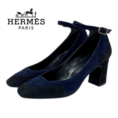 Hermes HERMES Pumps Shoes Suede Navy Black Ankle Strap