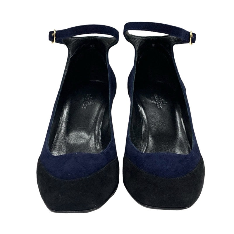 Hermes HERMES Pumps Shoes Suede Navy Black Ankle Strap