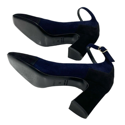 Hermes HERMES Pumps Shoes Suede Navy Black Ankle Strap