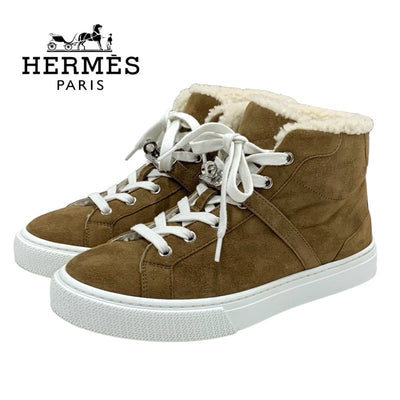 Hermes Daydream sneakers, shoes, suede, sheepskin, brown, silver, high-cut sneakers, Kelly hardware