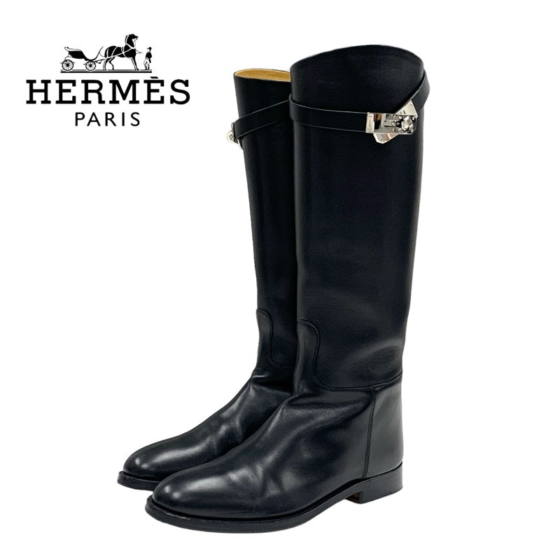 Hermes Jumping Boots Long Boots Shoes Leather Black Silver Kelly Metal Fittings