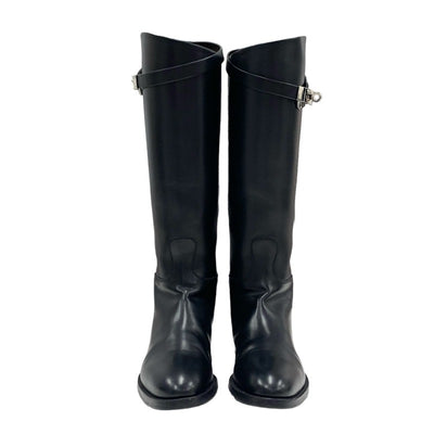 Hermes Jumping Boots Long Boots Shoes Leather Black Silver Kelly Metal Fittings