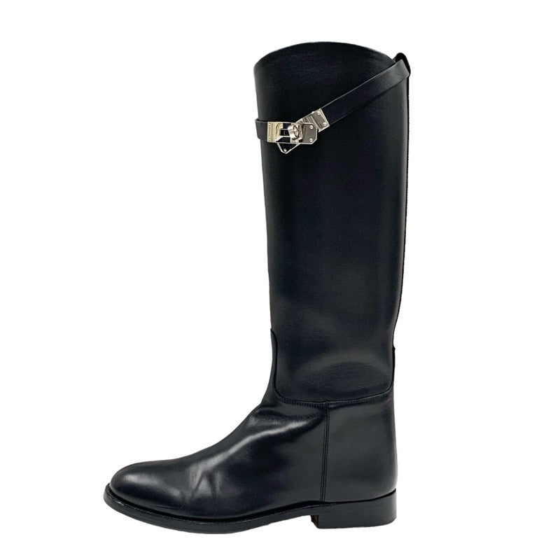 Hermes Jumping Boots Long Boots Shoes Leather Black Silver Kelly Metal Fittings