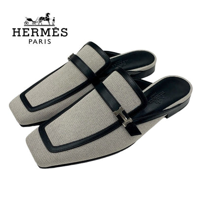 エルメス HERMES グルーピー フラットシューズ 靴 シューズ キャンバス レザー ブラック系 未使用 ミュール スリッパサンダル H金具