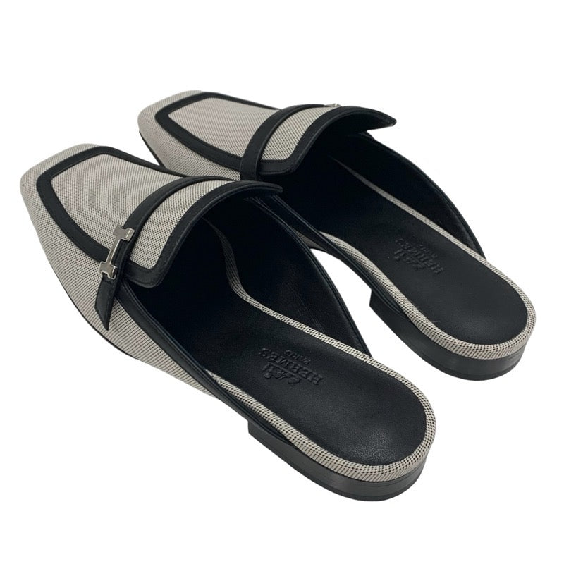 エルメス HERMES グルーピー フラットシューズ 靴 シューズ キャンバス レザー ブラック系 未使用 ミュール スリッパサンダル H金具