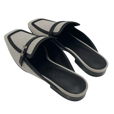 エルメス HERMES グルーピー フラットシューズ 靴 シューズ キャンバス レザー ブラック系 未使用 ミュール スリッパサンダル H金具