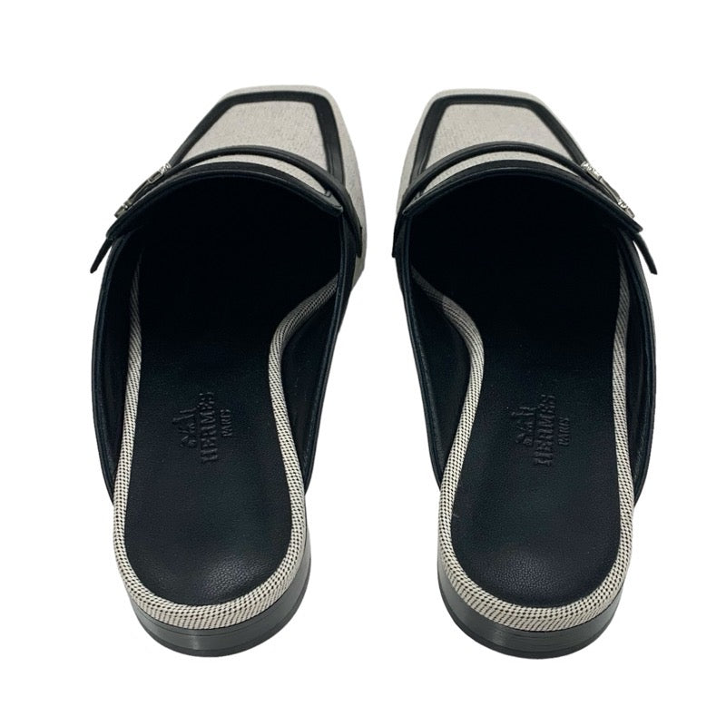 エルメス HERMES グルーピー フラットシューズ 靴 シューズ キャンバス レザー ブラック系 未使用 ミュール スリッパサンダル H金具