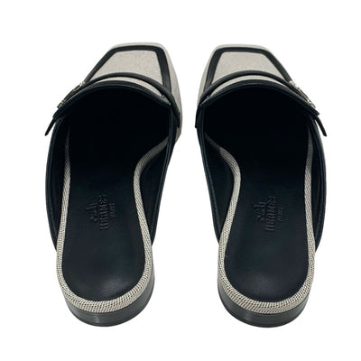 エルメス HERMES グルーピー フラットシューズ 靴 シューズ キャンバス レザー ブラック系 未使用 ミュール スリッパサンダル H金具