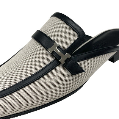 エルメス HERMES グルーピー フラットシューズ 靴 シューズ キャンバス レザー ブラック系 未使用 ミュール スリッパサンダル H金具