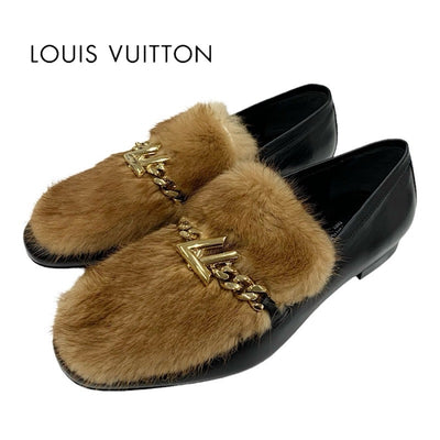 ルイヴィトン LOUIS VUITTON アッパーケースライン ローファー 革靴 靴 シューズ ミンクファー レザー ブラウン ブラック ゴールド フラットシューズ LV金具 チェーン