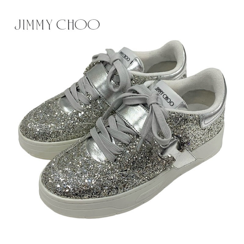 ジミーチュウ JIMMY CHOO OSAKA LACE UP スニーカー 靴 シューズ グリッター レザー シルバー ビジュー ベルト