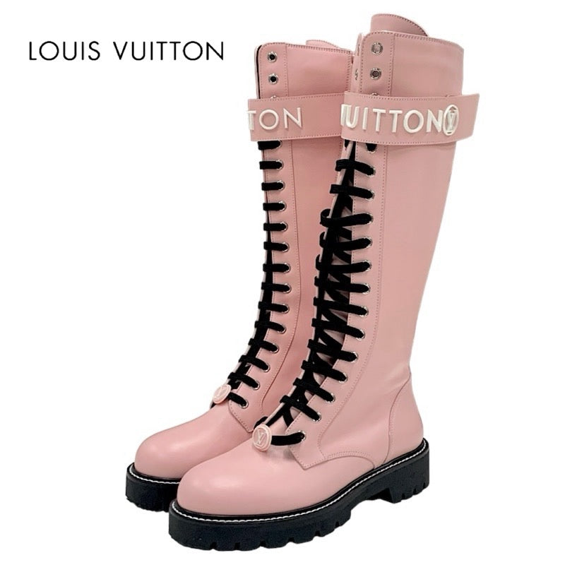 Louis Vuitton LOUIS VUITTON Territory Line Boots Long Boots Shoes Leather Pink Black Logo Lace Up