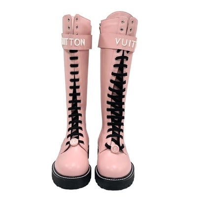 Louis Vuitton LOUIS VUITTON Territory Line Boots Long Boots Shoes Leather Pink Black Logo Lace Up