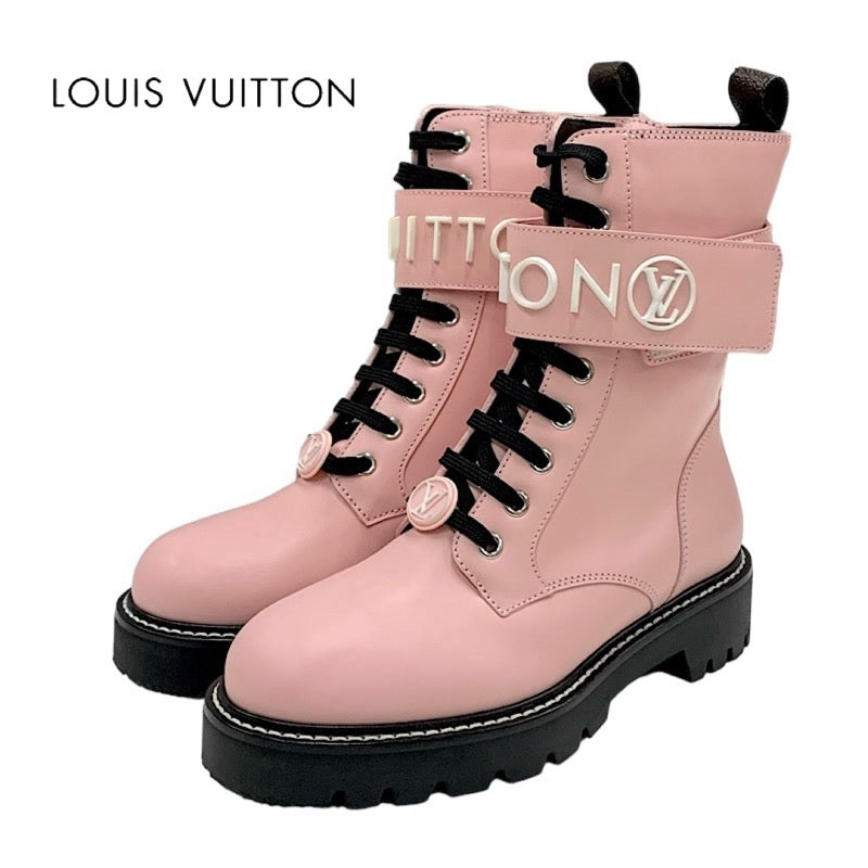 Louis Vuitton LOUIS VUITTON Territory Line Boots Short Boots Shoes Leather Pink Black Ankle Boots Logo Lace Up