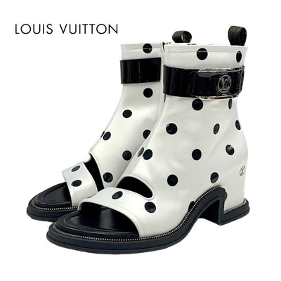 LOUIS VUITTON Moonlight Line Boots Short Boots Shoes Satin White Black Ankle Boots Dot Belt