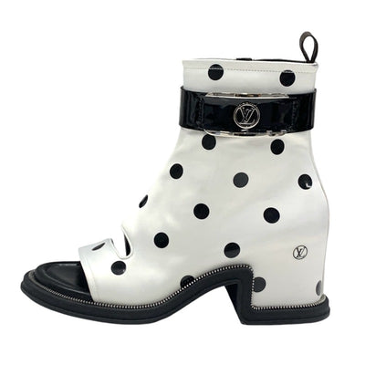 LOUIS VUITTON Moonlight Line Boots Short Boots Shoes Satin White Black Ankle Boots Dot Belt