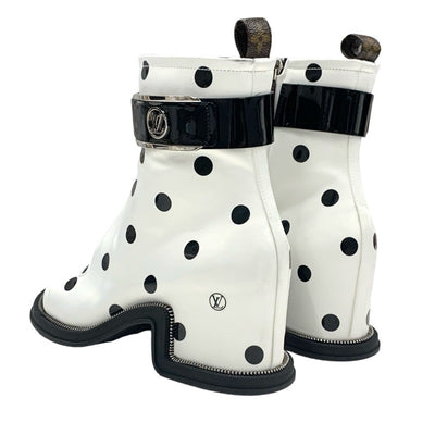 LOUIS VUITTON Moonlight Line Boots Short Boots Shoes Satin White Black Ankle Boots Dot Belt