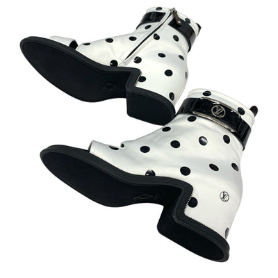 LOUIS VUITTON Moonlight Line Boots Short Boots Shoes Satin White Black Ankle Boots Dot Belt