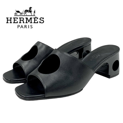 エルメス HERMES ELIA サンダル 靴 シューズ レザー ブラック 黒 ミュール サークルカット