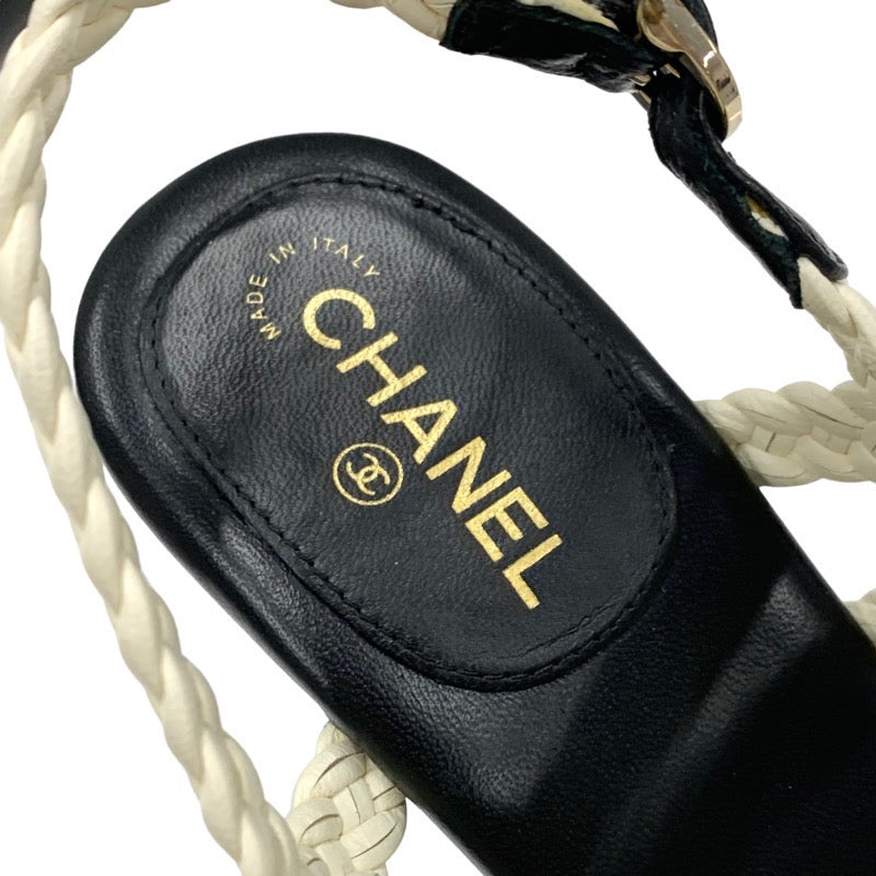 シャネル CHANEL サンダル 靴 シューズ ラムスキン ホワイト ブラック ココマーク 編み込み ウェッジソール