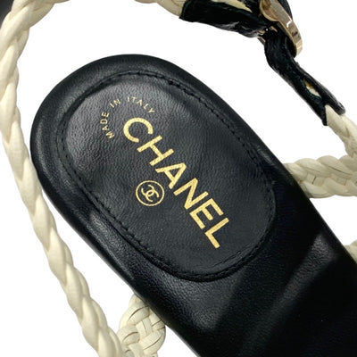 シャネル CHANEL サンダル 靴 シューズ ラムスキン ホワイト ブラック ココマーク 編み込み ウェッジソール