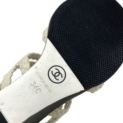 シャネル CHANEL サンダル 靴 シューズ ラムスキン ホワイト ブラック ココマーク 編み込み ウェッジソール