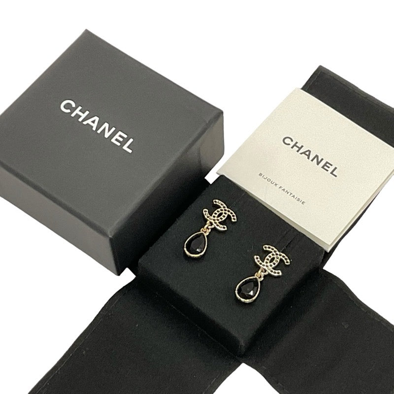 シャネル CHANEL ピアス イヤリング ゴールド ブラック ココマーク ラインストーン ティアドロップ