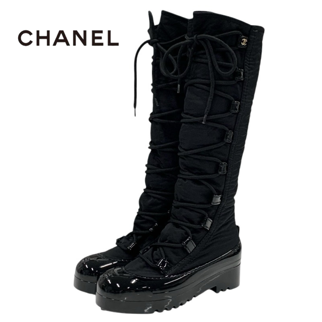 Chanel CHANEL boots, long boots, shoes, nylon, patent, black, coco mark, lace up