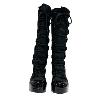 Chanel CHANEL boots, long boots, shoes, nylon, patent, black, coco mark, lace up