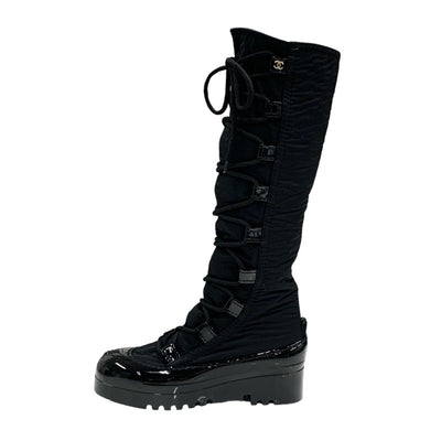 Chanel CHANEL boots, long boots, shoes, nylon, patent, black, coco mark, lace up