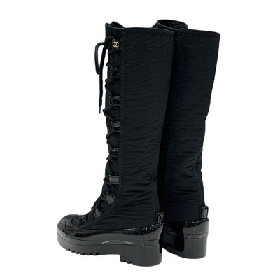 Chanel CHANEL boots, long boots, shoes, nylon, patent, black, coco mark, lace up