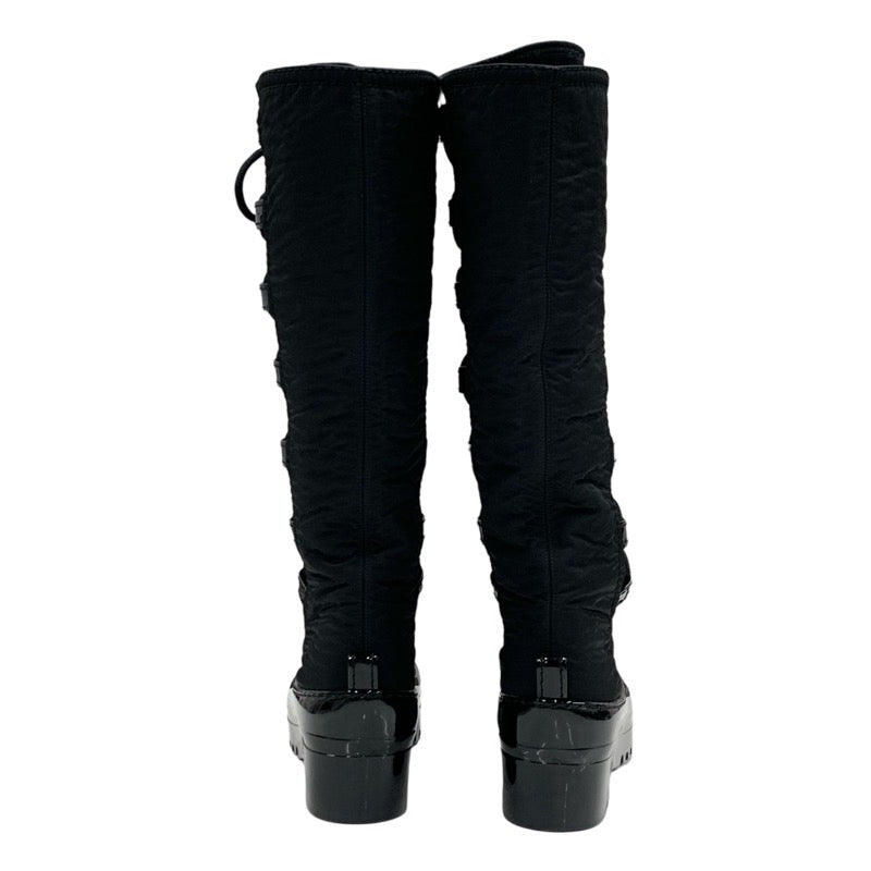 Chanel CHANEL boots, long boots, shoes, nylon, patent, black, coco mark, lace up