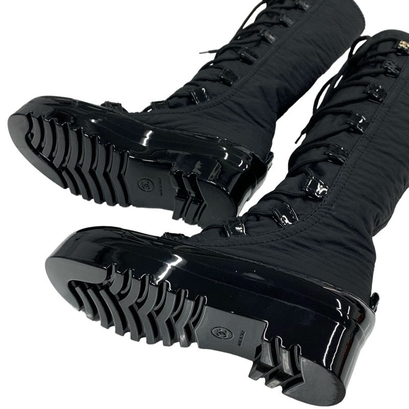 Chanel CHANEL boots, long boots, shoes, nylon, patent, black, coco mark, lace up