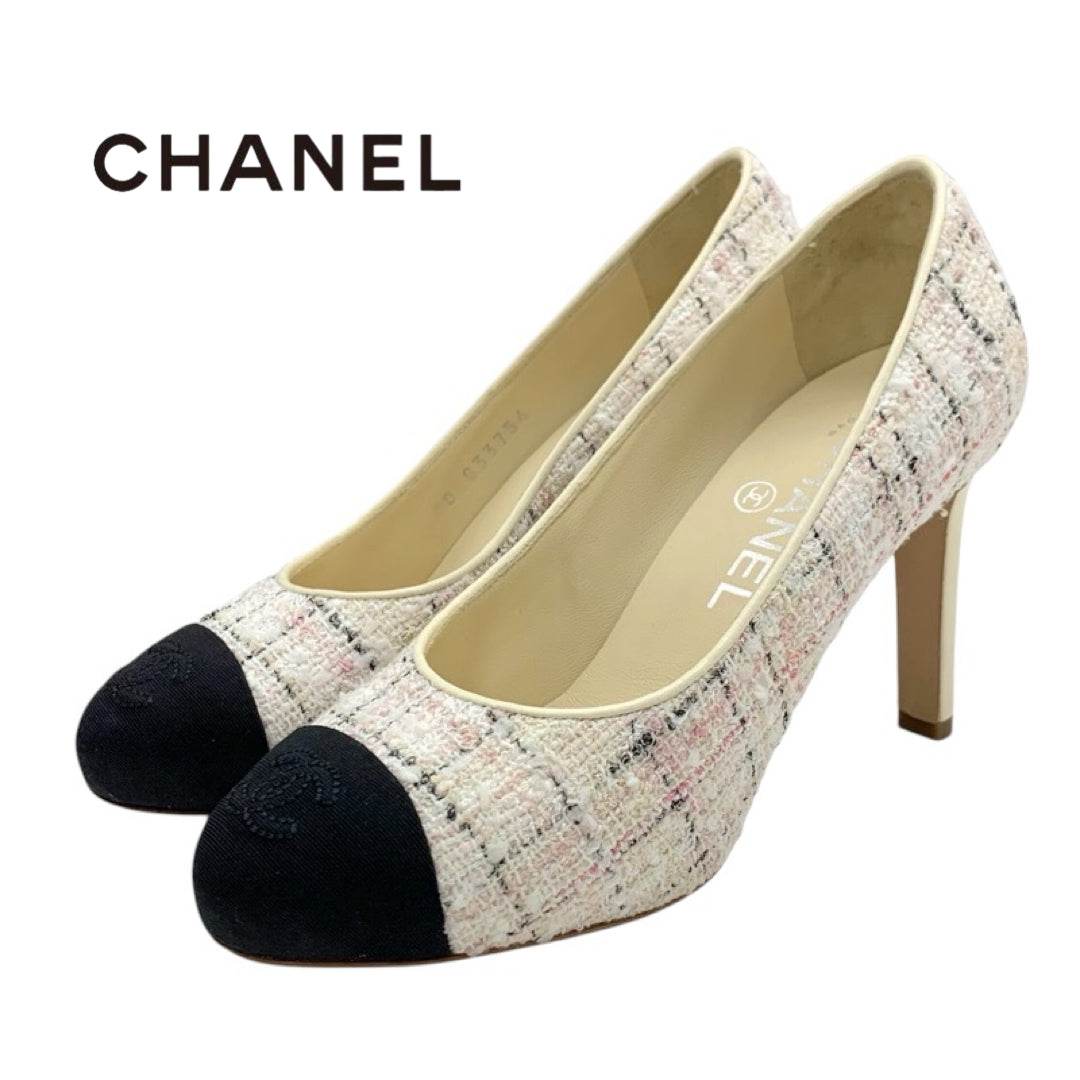 Chanel CHANEL pumps shoes tweed fabric ivory pink black Coco mark