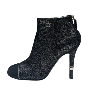 Chanel CHANEL boots, short boots, shoes, leather, fabric, black, silver, coco mark, glitter