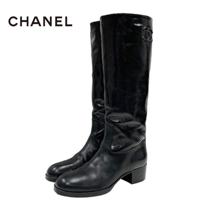 Chanel CHANEL boots, long boots, shoes, leather patent, black, coco mark