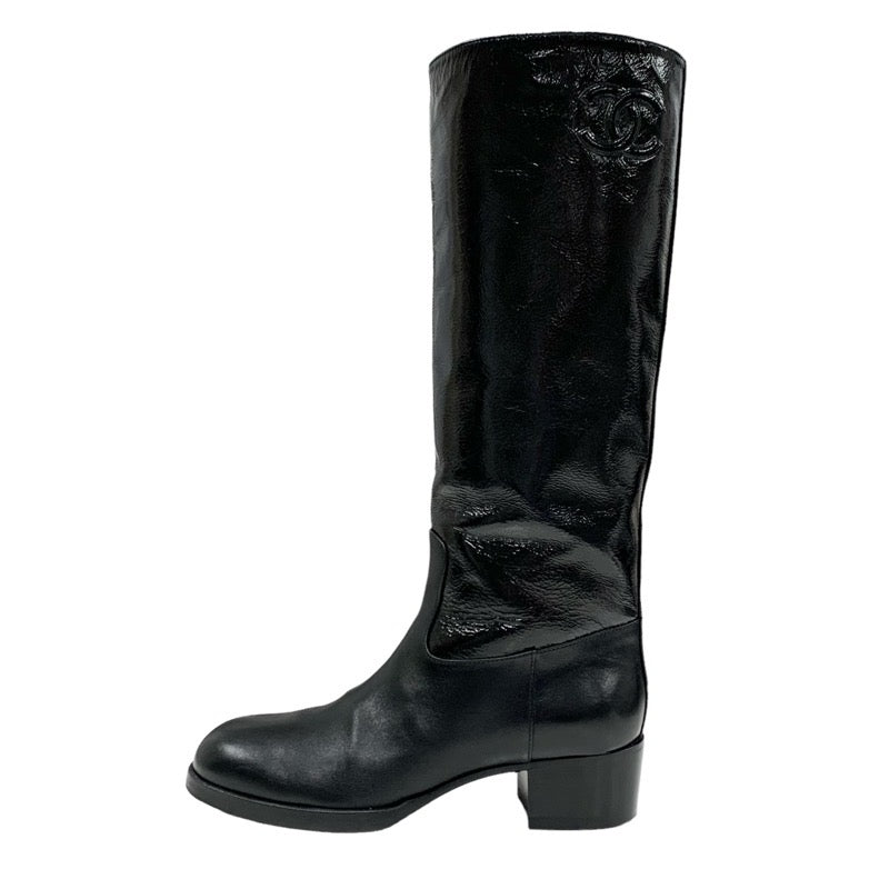 Chanel CHANEL boots, long boots, shoes, leather patent, black, coco mark