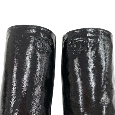 Chanel CHANEL boots, long boots, shoes, leather patent, black, coco mark