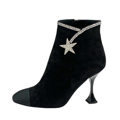 Chanel CHANEL boots, short boots, shoes, suede fabric, black, rhinestone star